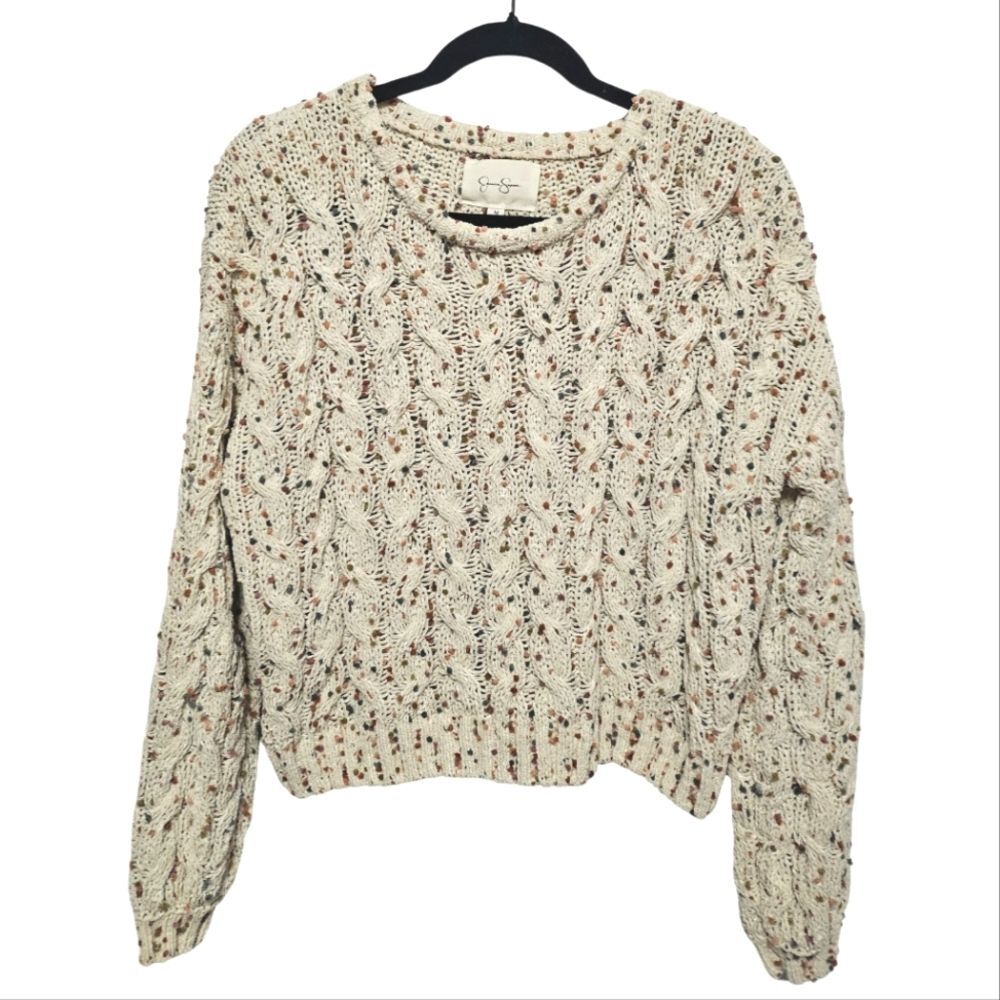 Chunky Cable Knit Sweater Neutral Colorful Pom Pom Cozy Chic Relaxed Fit Size M